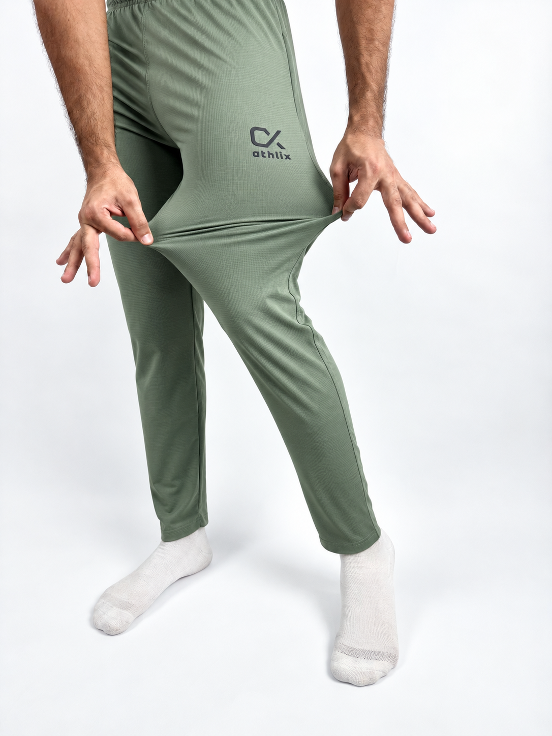 Athlix olive green 4-way stretch lycra track trouser stretch detail