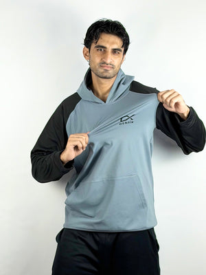 Athlix grey and black performance hoodie front view