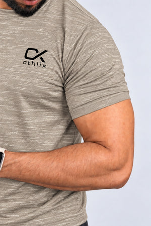 Athlix Performance T-Shirt Beige Heathered - fabric and logo detail