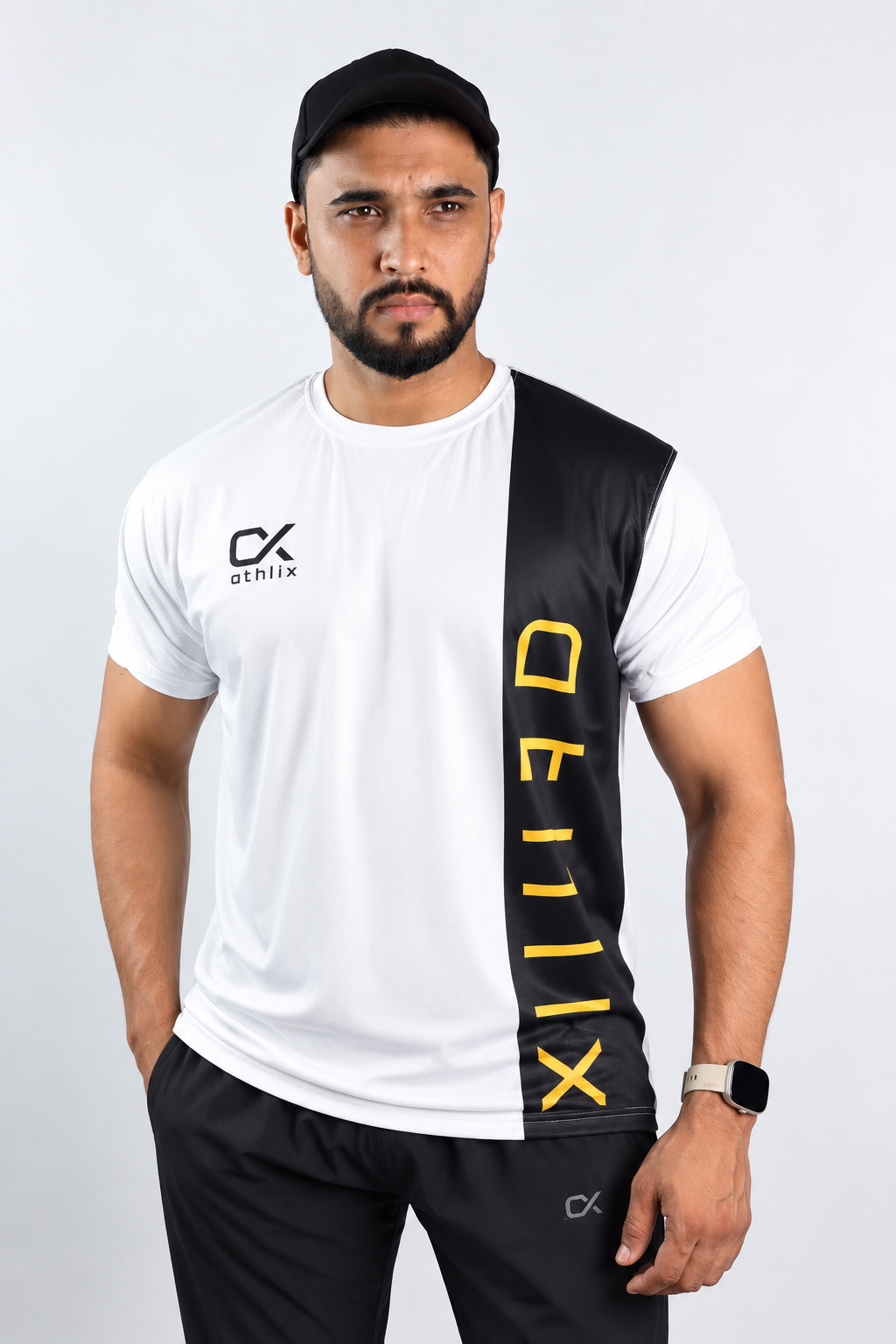 Athlix Premium Dry-Fit Performance T-Shirt Black White Panel front