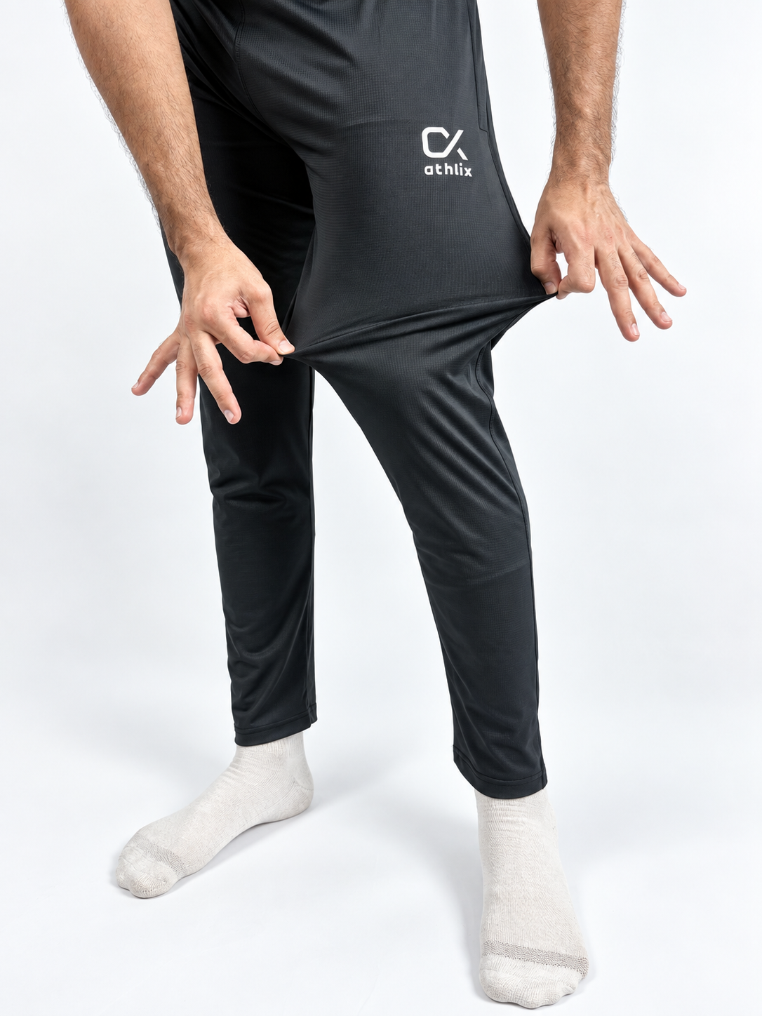 Athlix black 4-way stretch lycra track trouser stretch detail