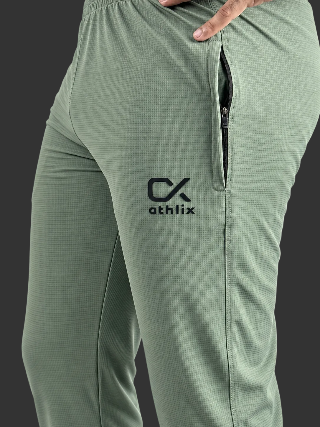 Athlix olive green 4-way stretch lycra track trouser detail