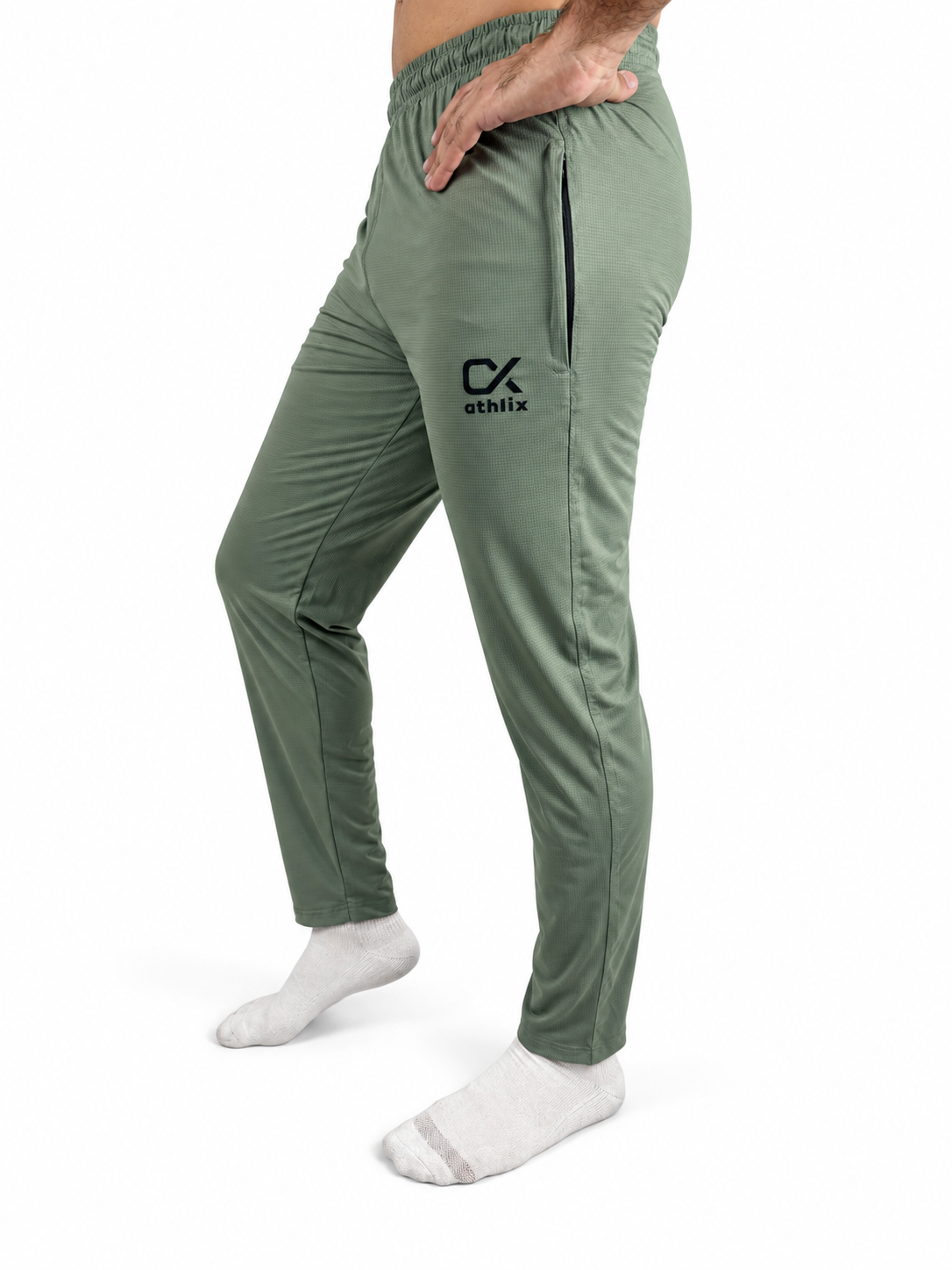 Athlix olive green 4-way stretch lycra track trouser side view