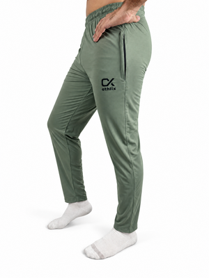 Athlix olive green 4-way stretch lycra track trouser side view