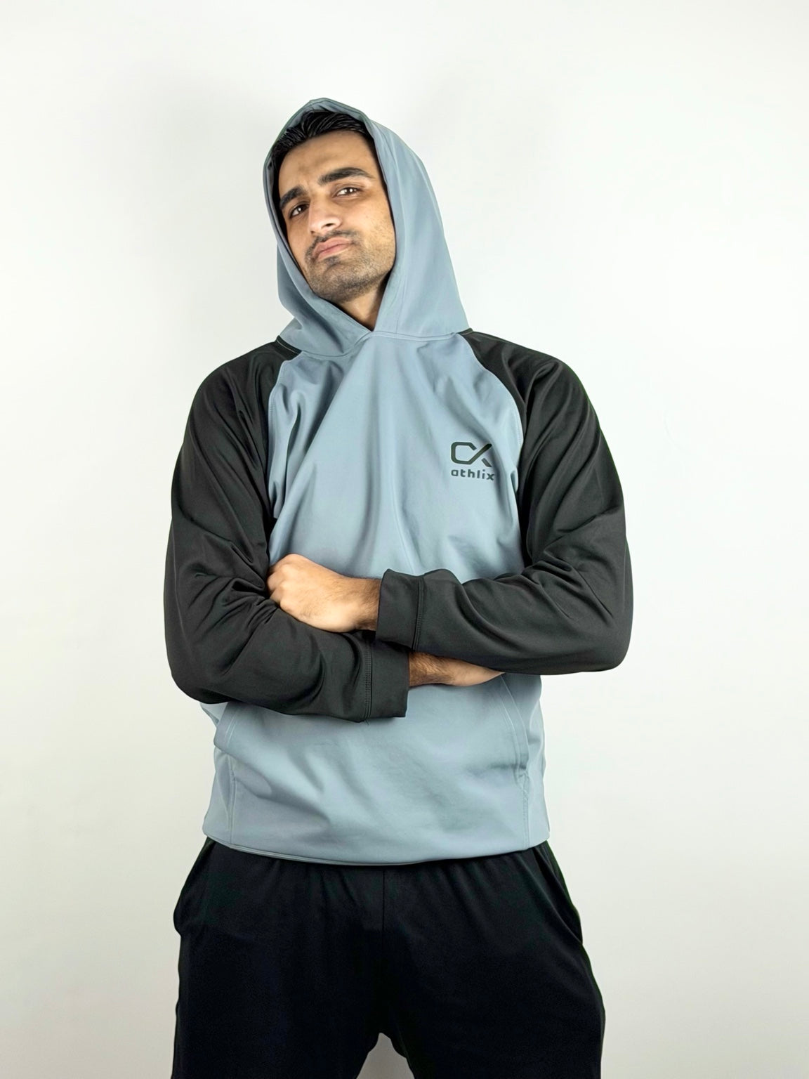 Athlix grey and black performance hoodie front view