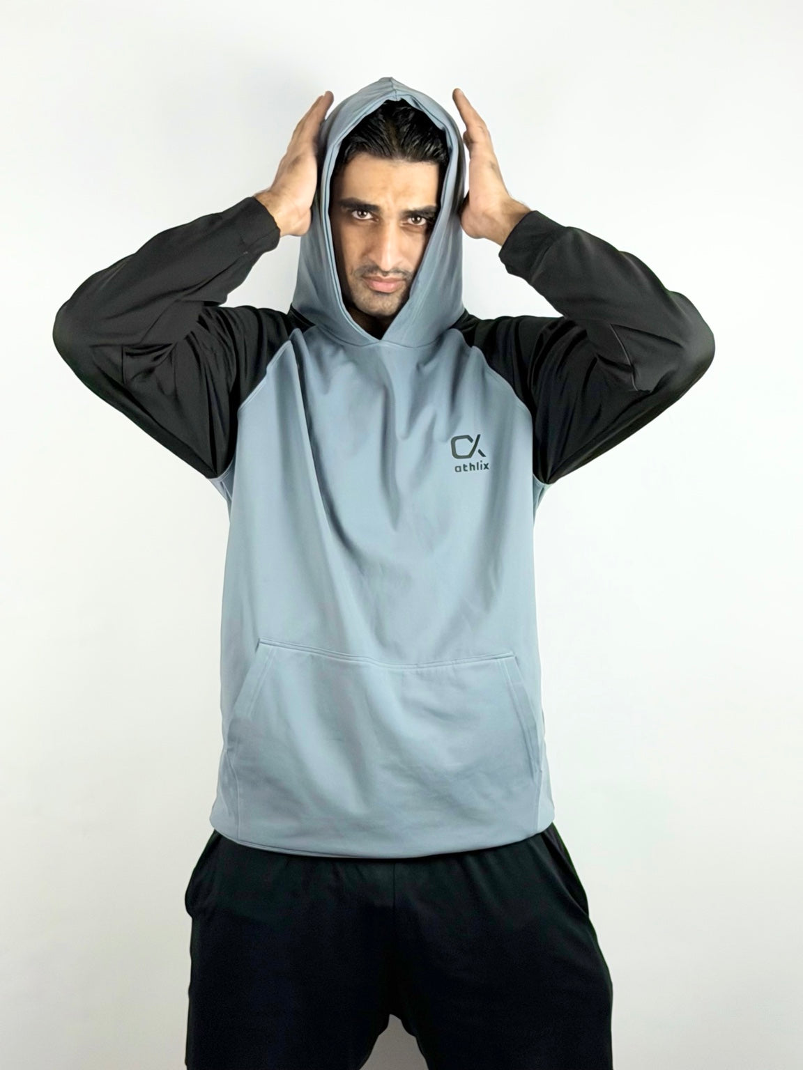 Athlix grey and black performance hoodie hood detail