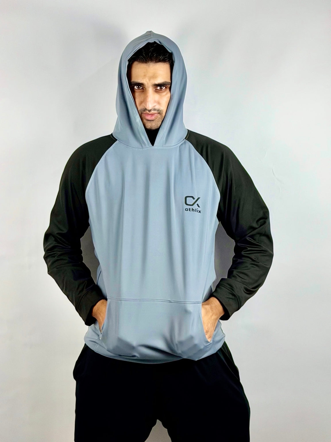 Athlix grey and black performance hoodie front detail