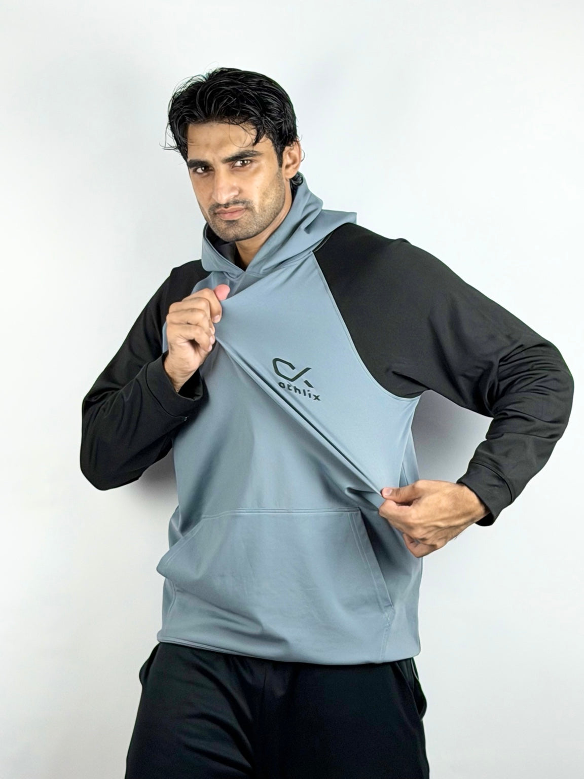 Athlix grey and black performance hoodie fabric stretch detail