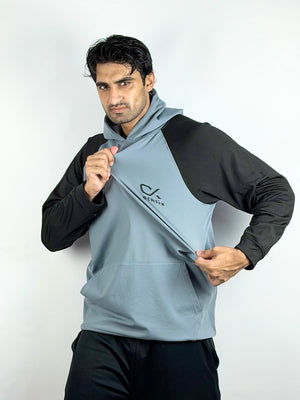 Athlix grey and black performance hoodie fabric stretch detail