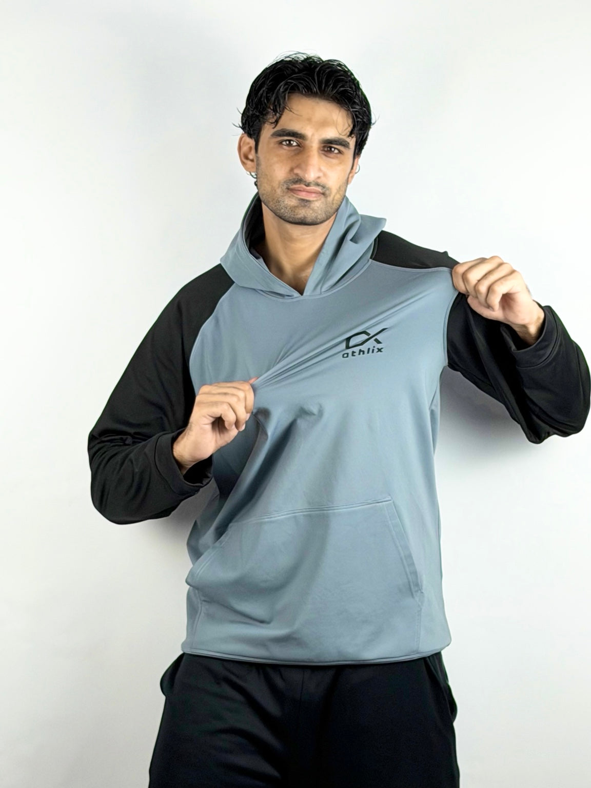 Athlix grey and black performance hoodie front view